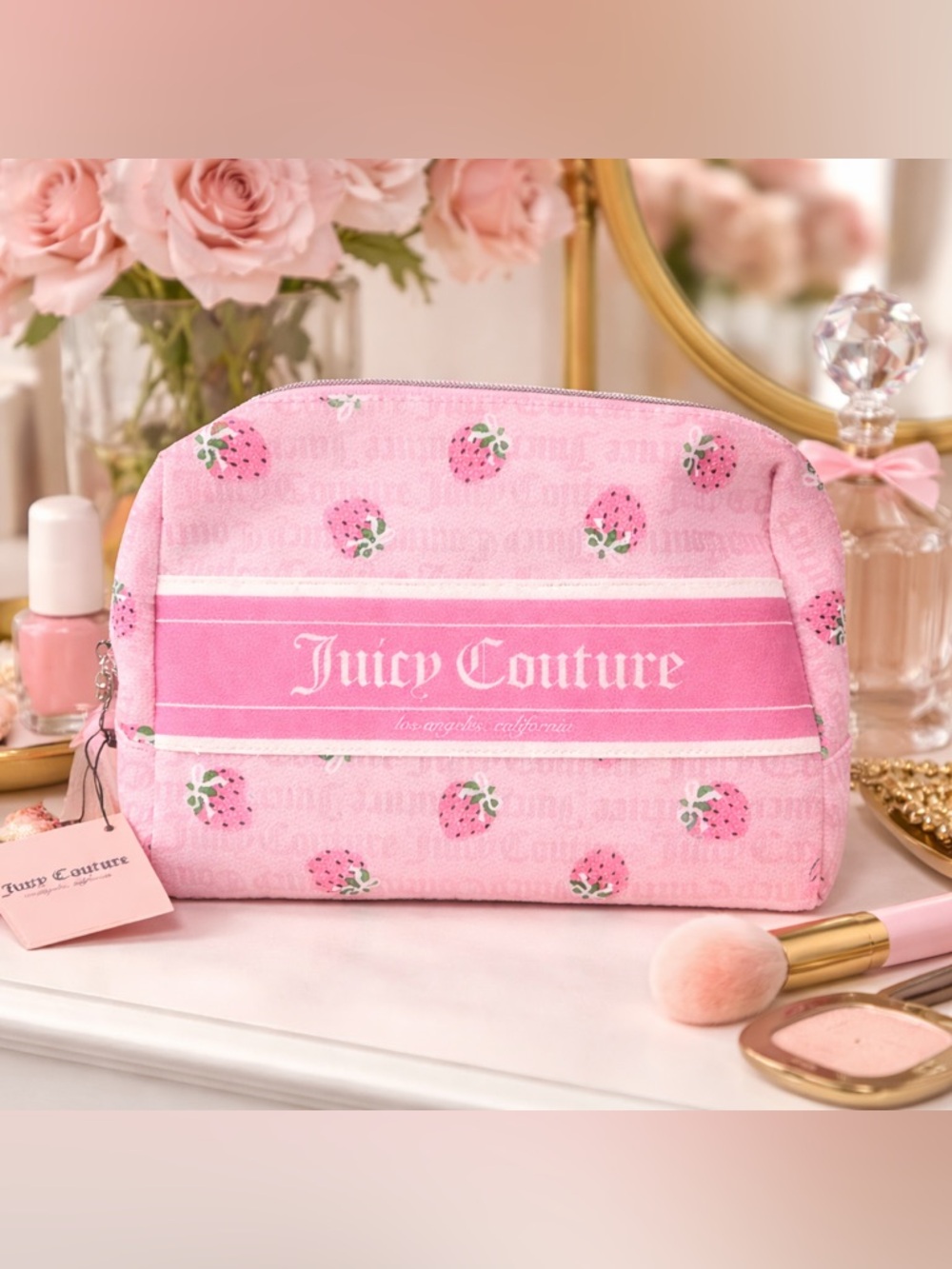 Juicy Couture Strawberry Travel Cosmetic Bag Pink Makeup Case With Bottle, NWTโ